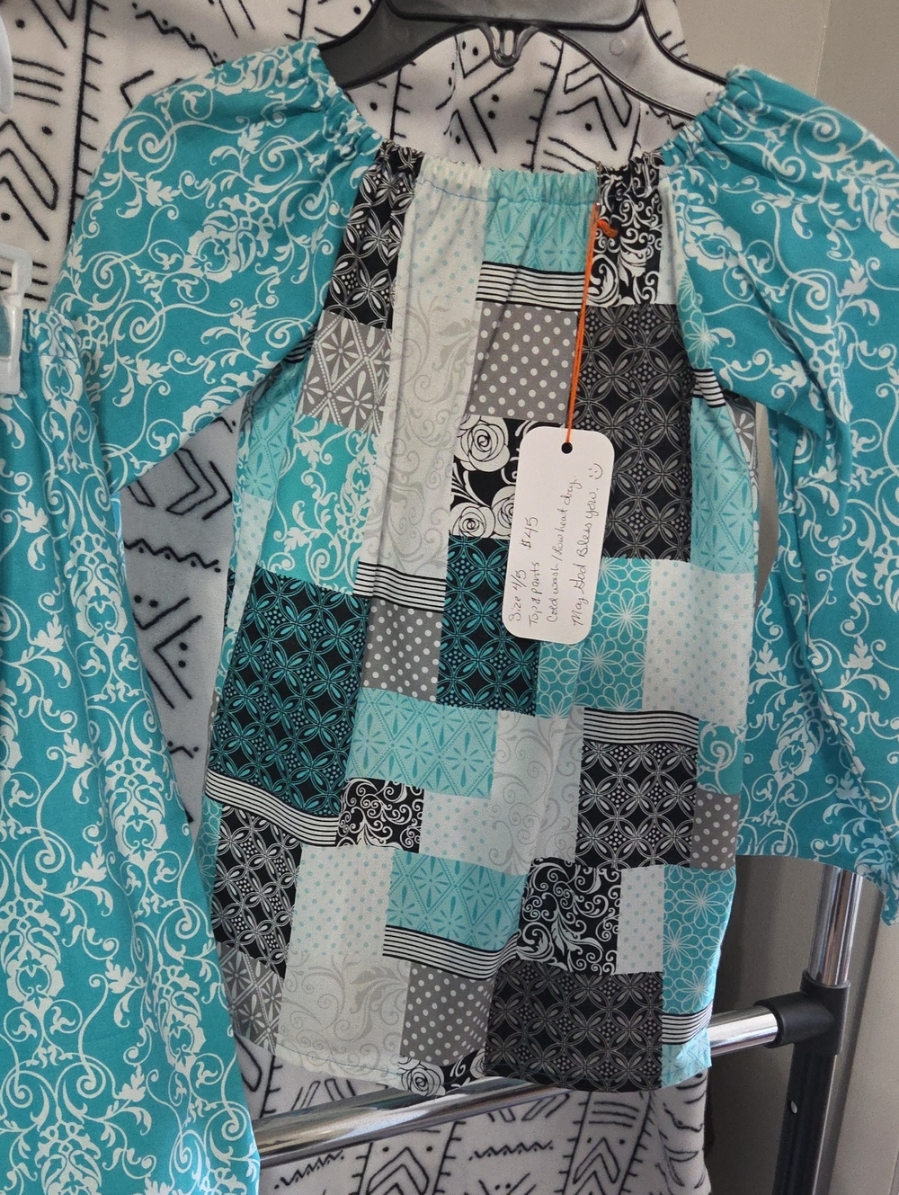 Turquoise Patchwork Off-Shoulder Women's Top